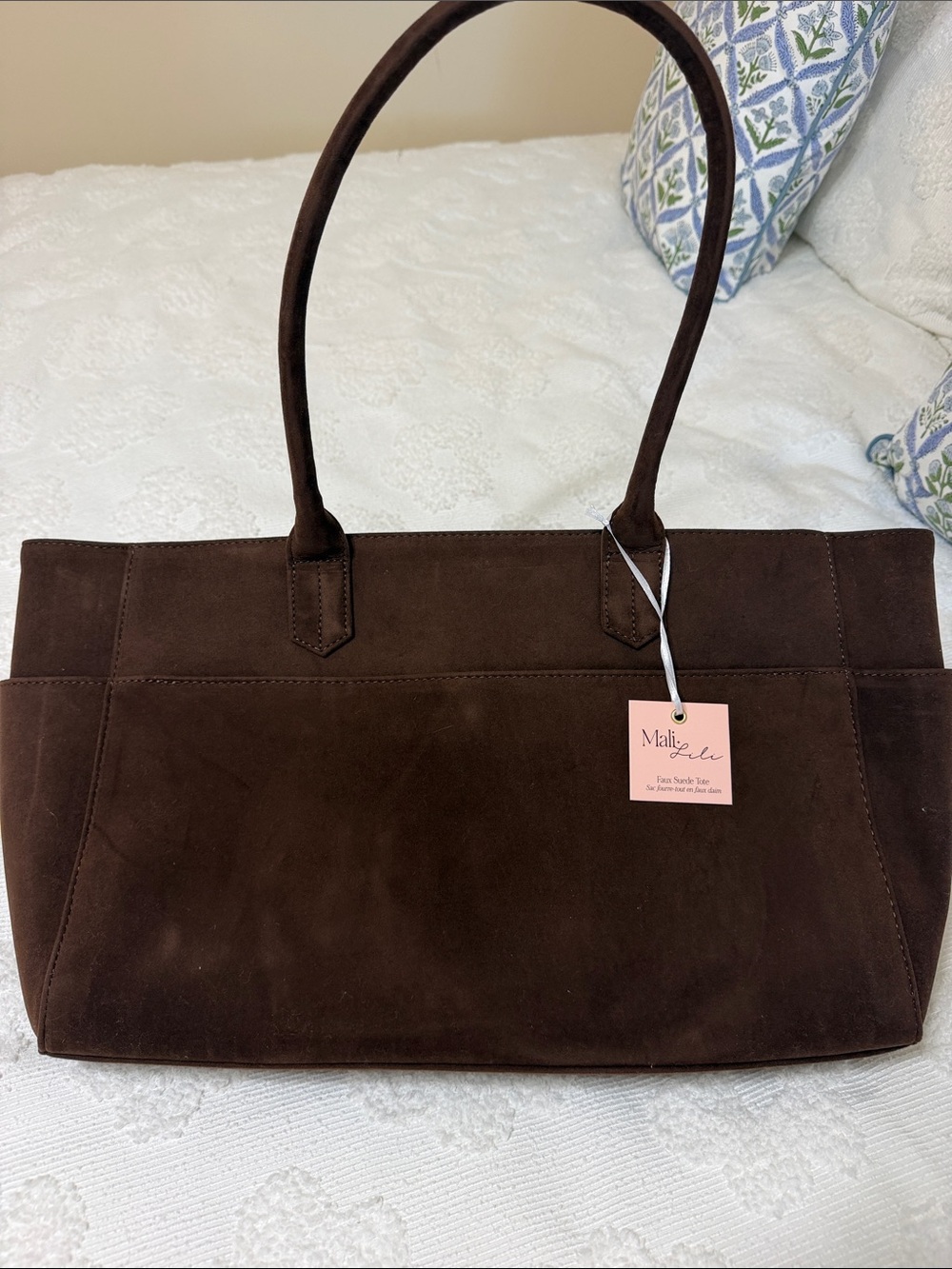 Dark Brown Suede Tote Bag with Front Pocket - Picture 2 of 10